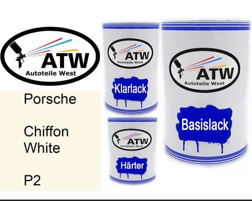 Porsche, Chiffon White, P2: 500ml Lackdose + 500ml Klarlack + 250ml Härter - Set, von ATW Autoteile West.